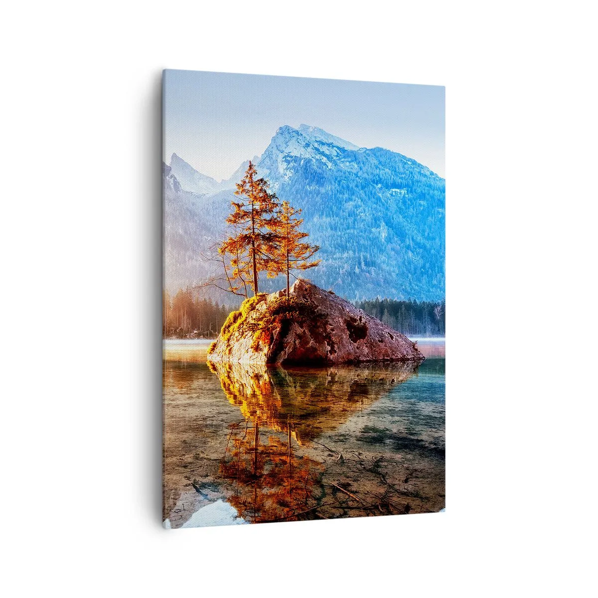 Bild auf Leinwand - Leinwandbild - Ein See mit Inseln und Bergen im Hintergrund bei Sonnenaufgang - 70x100cm - Natur in neuem Licht - Moderne Wanddekoration für Wohnzimmer und Schlafzimmer ARTTOR