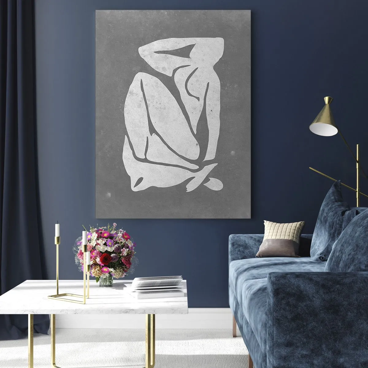 Glasbild - Bild auf glas - Eine minimalistische Silhouette einer Frau auf grauem Hintergrund - 50x70cm - In Gedanken versunken - Moderne Wanddekoration für Wohnzimmer und Schlafzimmer ARTTOR