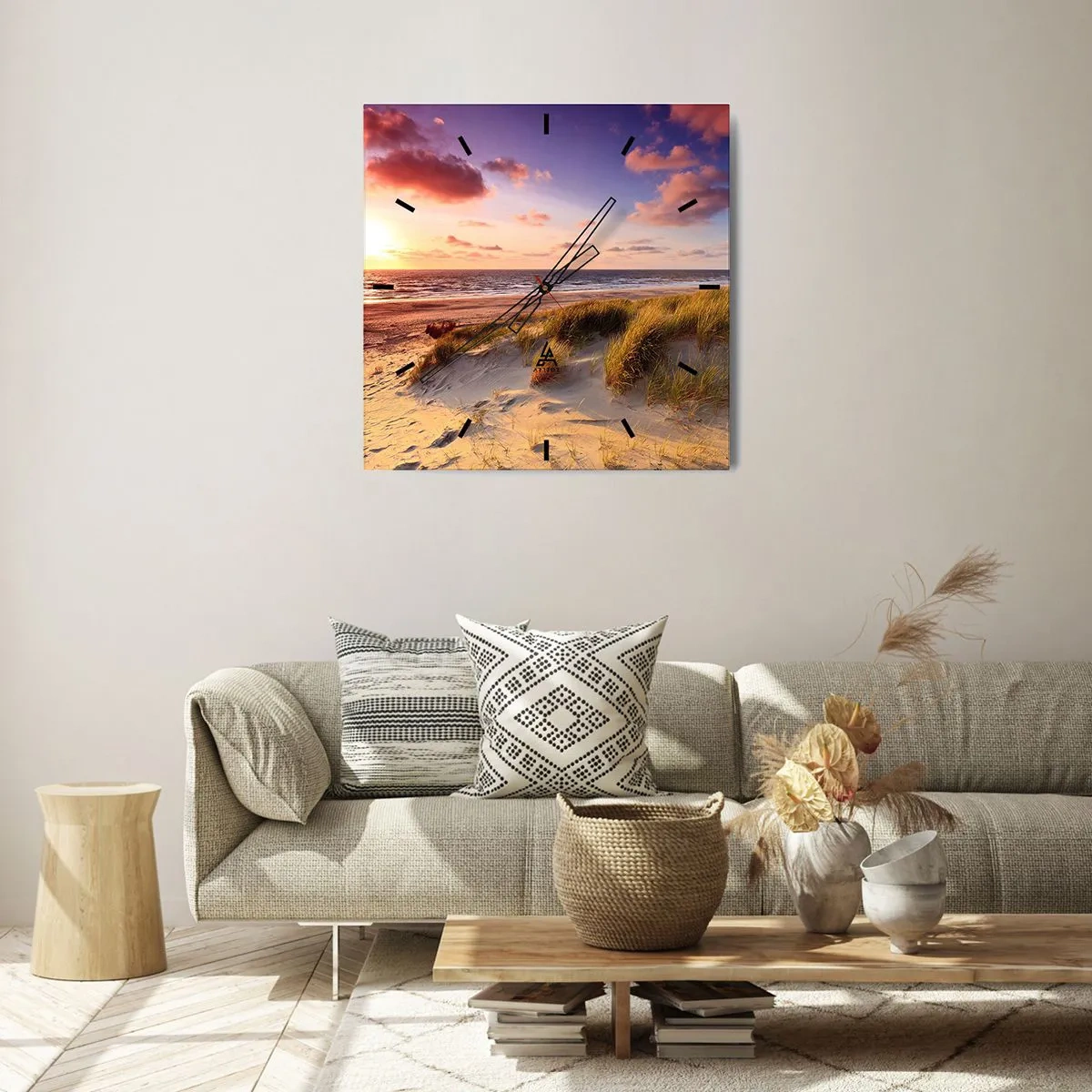Wanduhr - Glasuhr - Ein grasbewachsener Strand und ein Sonnenuntergang über einem ruhigen Meer - 30x30cm - Die Luft riecht schon im Sommer - Moderne Wanddekoration für Wohnzimmer und Schlafzimmer ARTTOR