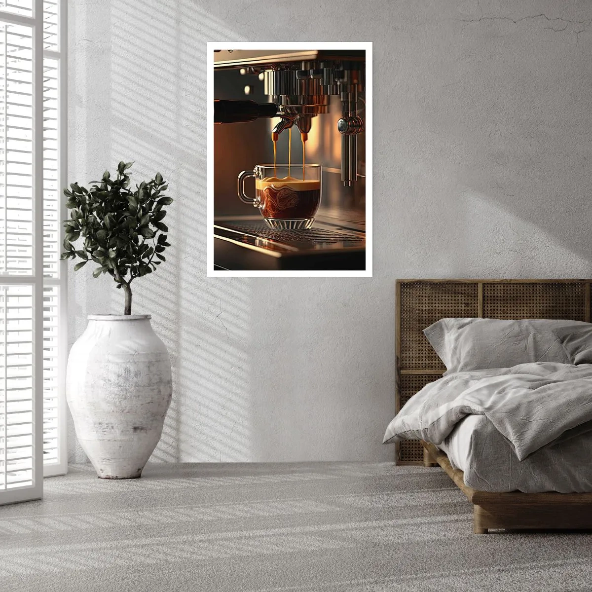 Poster - Eine Kaffeemaschine gießt Espresso in eine Tasse - 50x70cm - Sinnliche Mischung - Moderne Wanddekoration für Wohnzimmer und Schlafzimmer ARTTOR