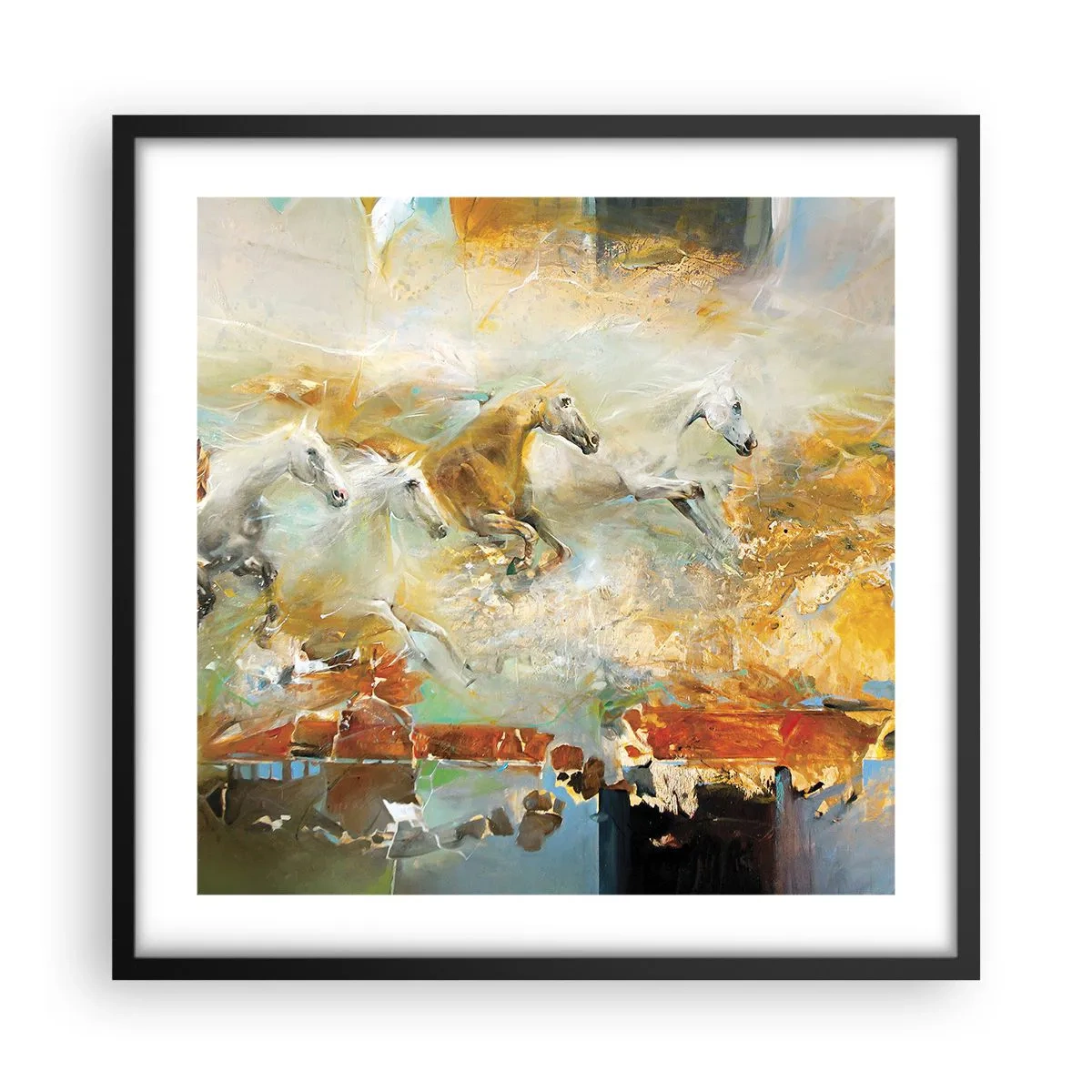 Poster in einem schwarzem Rahmen - Im Galopp durch das Licht - 50x50 cm