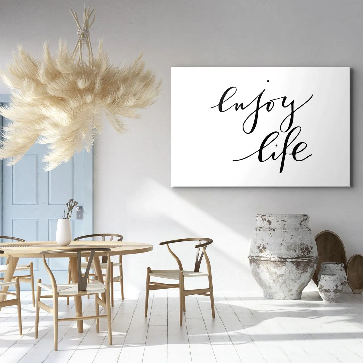 Bild auf Leinwand - Leinwandbild - Das Zitat „Genieße das Leben“ in schwarzer Kalligrafie auf weißem Hintergrund - 120x80cm - Nichts hinzufügen… - Moderne Wanddekoration für Wohnzimmer und Schlafzimmer ARTTOR