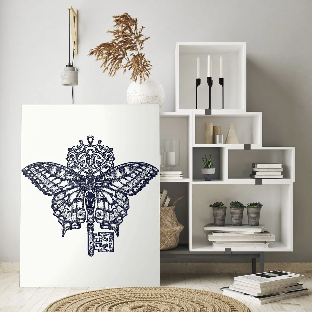 Glasbild - Bild auf glas - Abbildung eines Schmetterlings mit einem Schlüssel in der Mitte - 50x70cm - Alle Geheimnisse des Herzens - Moderne Wanddekoration für Wohnzimmer und Schlafzimmer ARTTOR