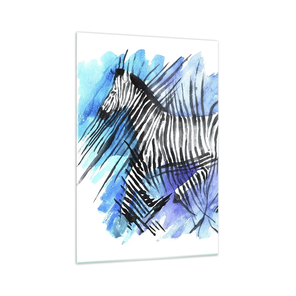 Glasbild - Bild auf glas - Aquarell-Illustration eines Zebras vor blauem Himmel - 70x100cm - In Streifen versteckt - Moderne Wanddekoration für Wohnzimmer und Schlafzimmer ARTTOR