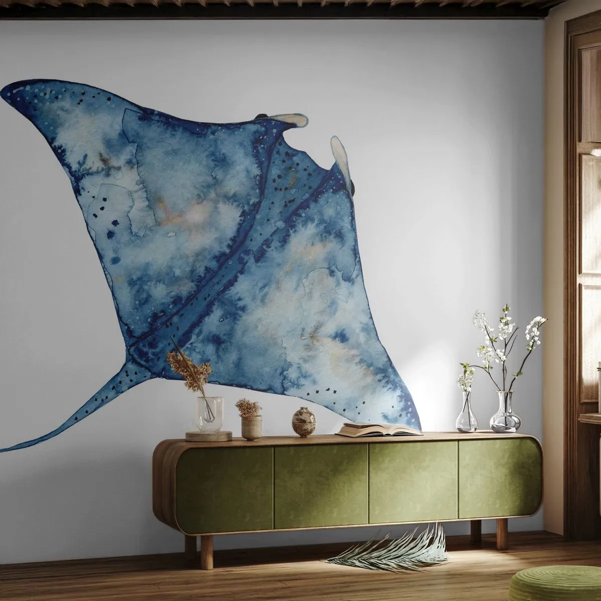 Fototapete Premium Sand - Blauer Stachelrochen im Aquarellstil auf weißem Hintergrund - 100x70cm - Leben im Blau - Moderne Wanddekoration für Wohnzimmer und Schlafzimmer ARTTOR