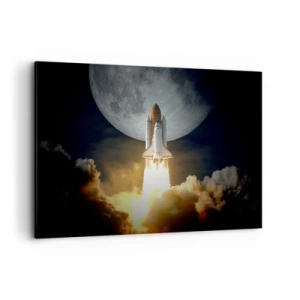 Bild auf Leinwand - Leinwandbild - Eine Rakete hebt vor dem Hintergrund eines Vollmonds ab, umgeben von dynamischen Wolken. - 100x70cm - Beginn eines überirdischen Abenteuers - Moderne Wanddekoration für Wohnzimmer und Schlafzimmer ARTTOR