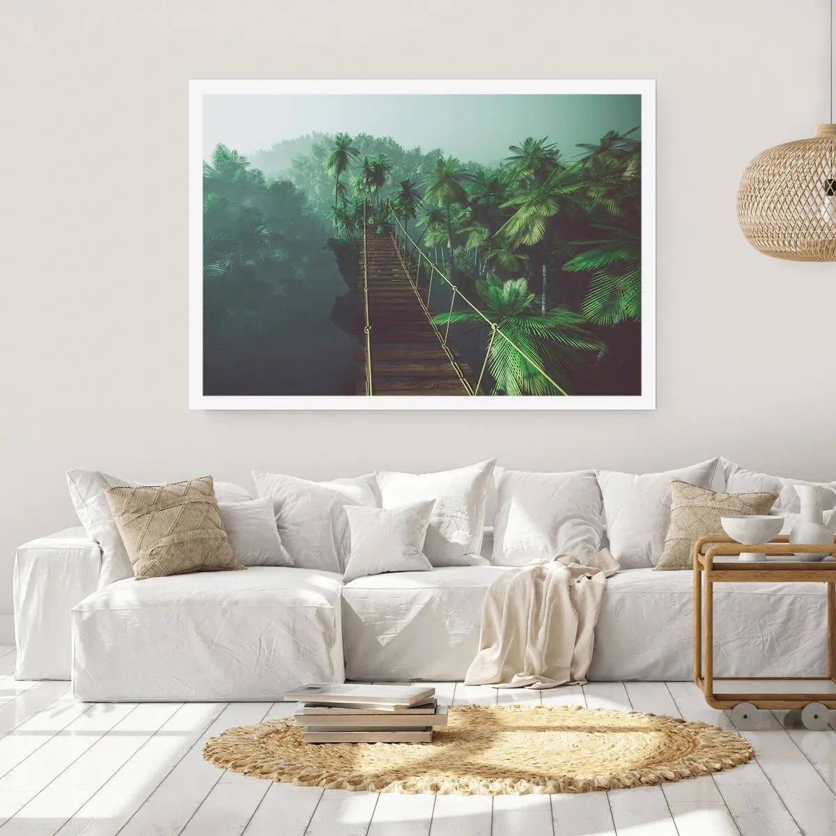 Poster - Eine Hängebrücke in einem tropischen Wald, umgeben von Nebel. - 100x70cm - Über der Brandung des Grüns - Moderne Wanddekoration für Wohnzimmer und Schlafzimmer ARTTOR