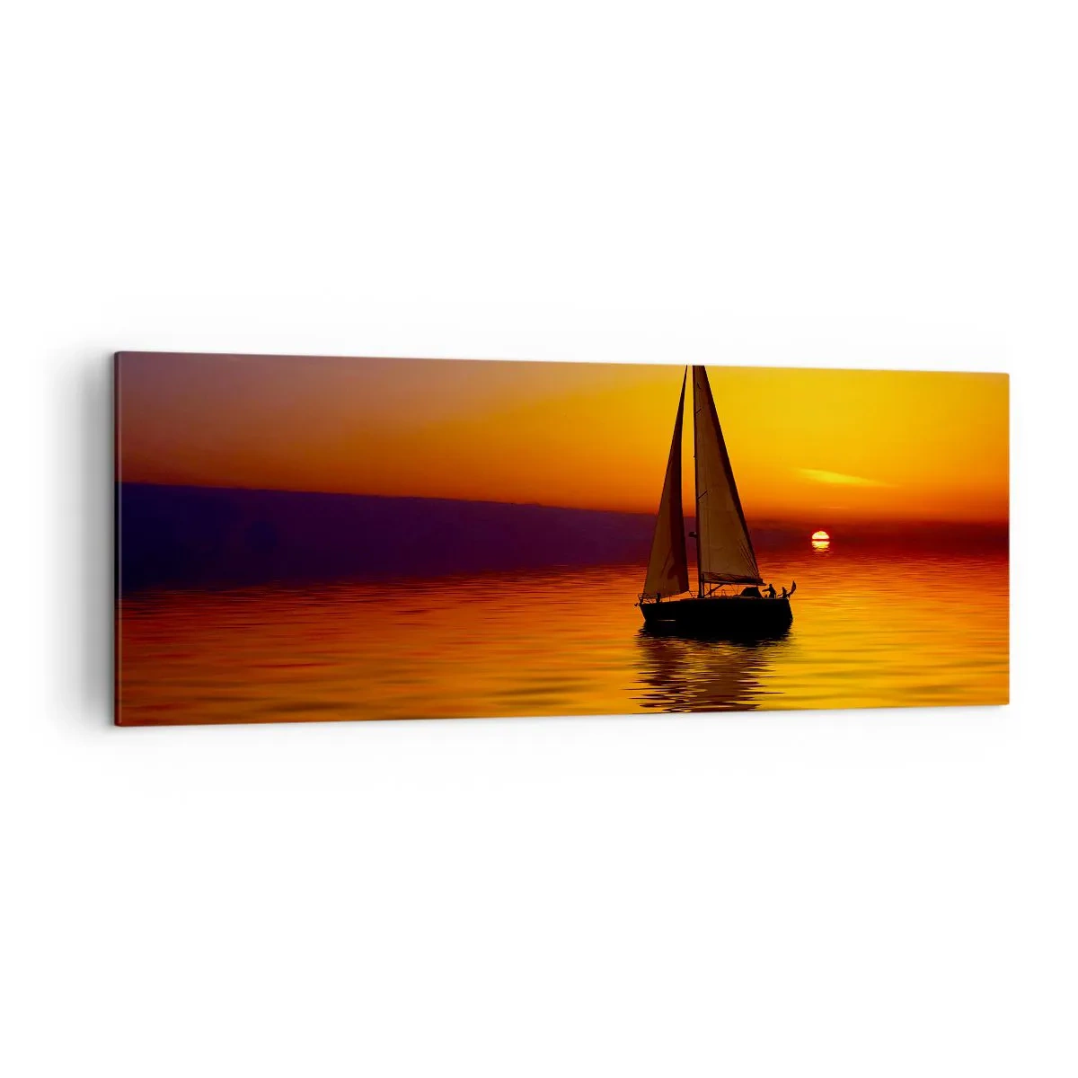 Bild auf Leinwand - Leinwandbild - Ein Segelboot auf ruhiger See bei Sonnenuntergang - 140x50cm - Wie ruhig es hier in der Abenddämmerung ist... - Moderne Wanddekoration für Wohnzimmer und Schlafzimmer ARTTOR