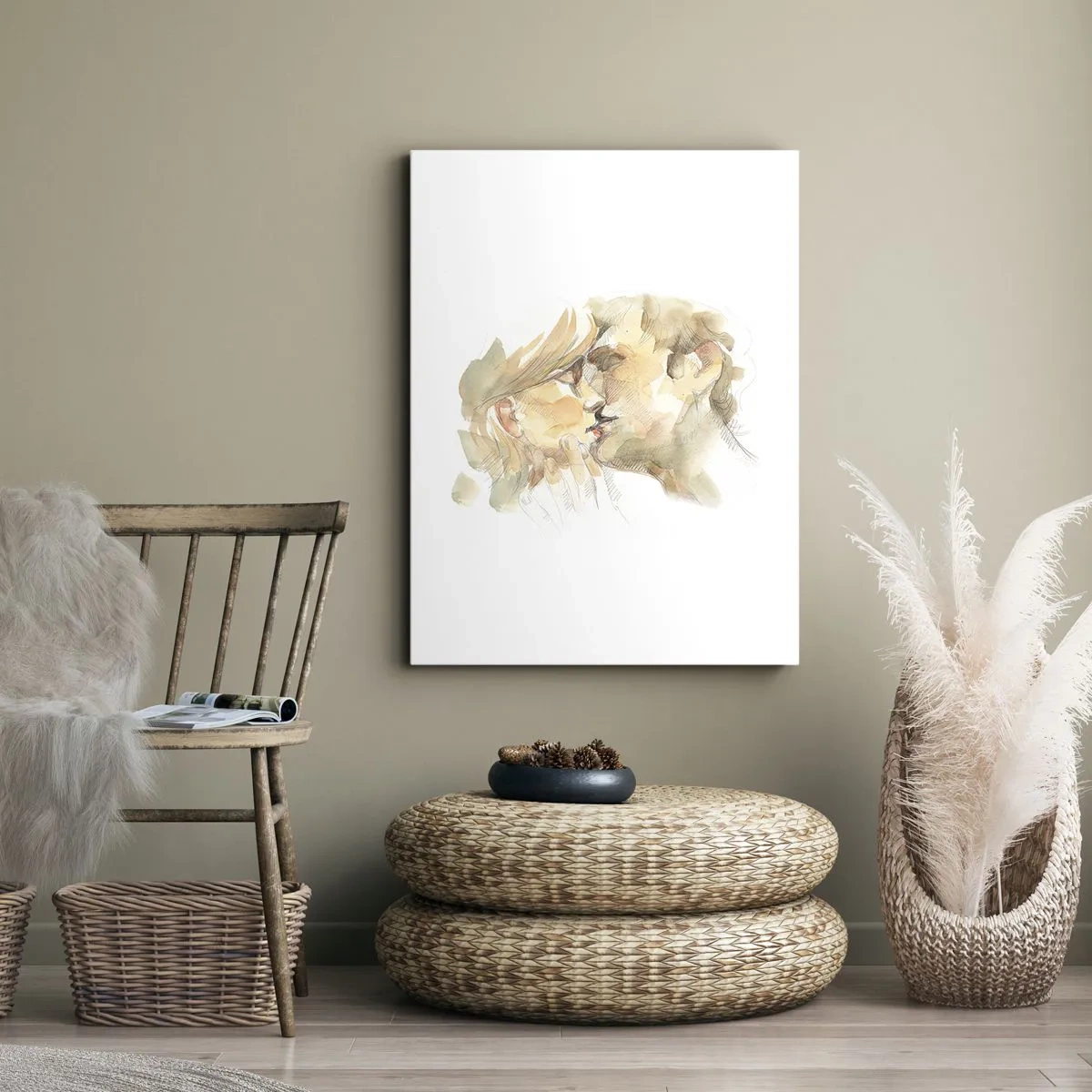 Bild auf Leinwand - Leinwandbild - Romantisches Aquarellporträt eines sich küssenden Paares - 50x70cm - Hälfte gefunden? - Moderne Wanddekoration für Wohnzimmer und Schlafzimmer ARTTOR