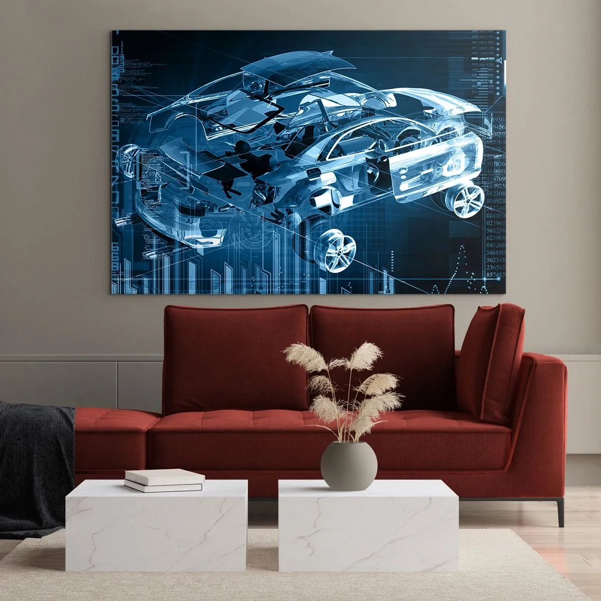 Glasbild - Bild auf glas - Technologisches Diagramm eines Autos im futuristischen Stil - 70x50cm - Technische Anatomie - Moderne Wanddekoration für Wohnzimmer und Schlafzimmer ARTTOR