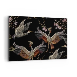 Bild auf Leinwand - Leinwandbild - Stilvolle Kraniche und Blumen auf schwarzem Hintergrund - 100x70cm - Märchenvogel - Moderne Wanddekoration für Wohnzimmer und Schlafzimmer ARTTOR