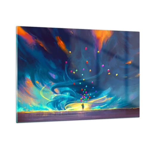 Glasbild - Bild auf glas - Eine Person hält bunte Luftballons vor einem blauen Windhintergrund. - 120x80cm - Zum blauen Wind - Moderne Wanddekoration für Wohnzimmer und Schlafzimmer ARTTOR