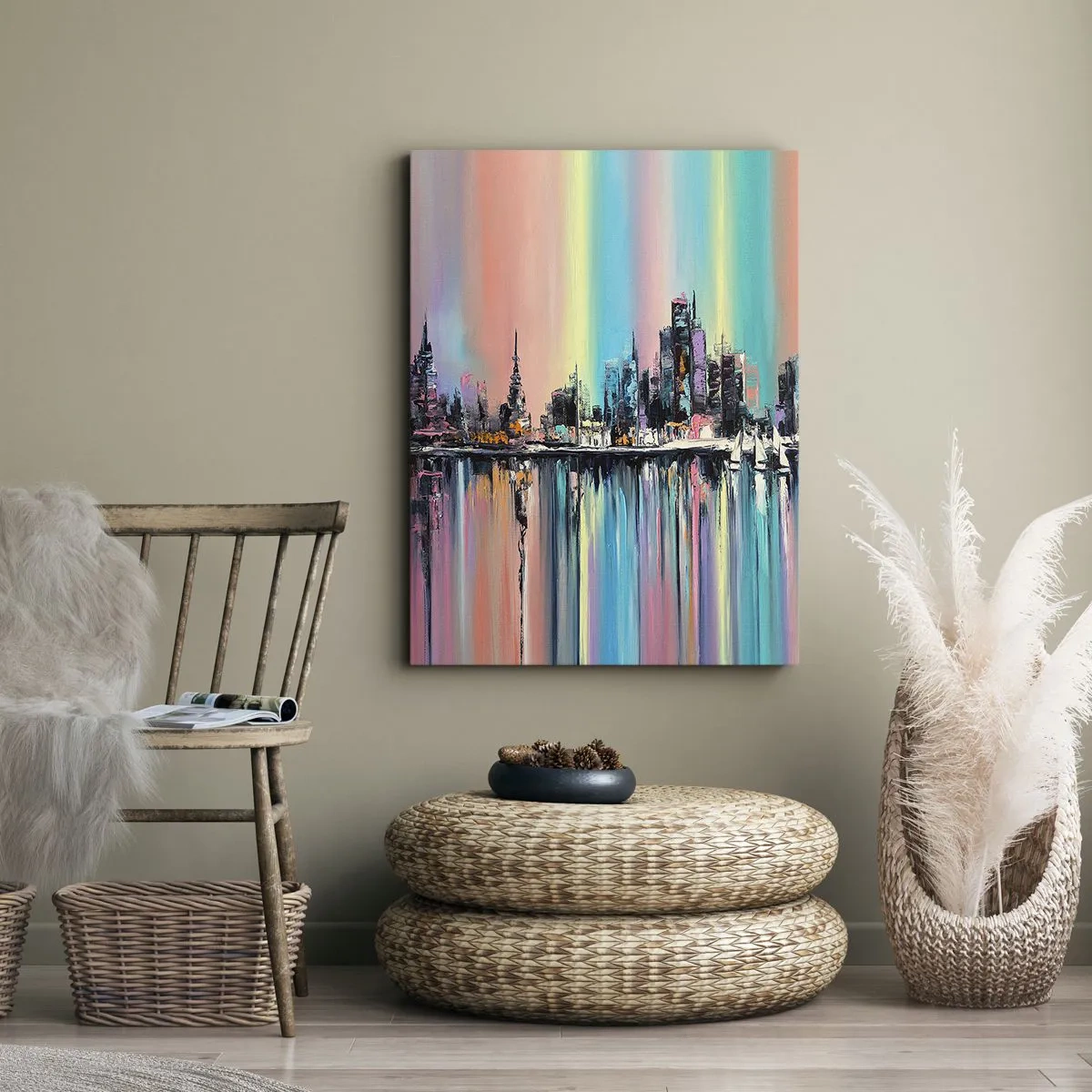 Bild auf Leinwand - Leinwandbild - Buntes Stadtbild mit Spiegelung auf dem Wasser - 80x120cm - Um das Licht der Nacht herunterzufallen - Moderne Wanddekoration für Wohnzimmer und Schlafzimmer ARTTOR