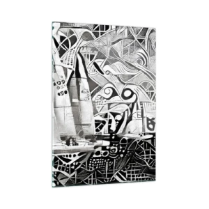 Glasbild - Bild auf glas - Schwarz-weiße Abstraktion mit Segelbooten und geometrischen Mustern - 50x70cm - Zwischen den Wellen - Moderne Wanddekoration für Wohnzimmer und Schlafzimmer ARTTOR