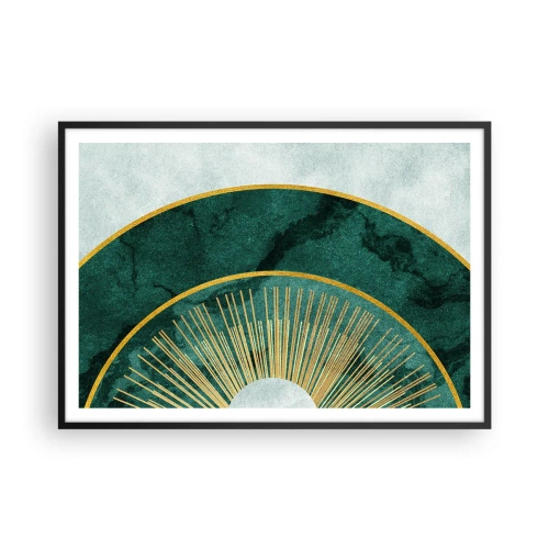 Poster in einem schwarzem Rahmen - Abstraktes Muster mit Kreisen in Smaragd- und Goldfarben. - 100x70cm - Anderes Sonnensystem - Moderne Wanddekoration für Wohnzimmer und Schlafzimmer ARTTOR