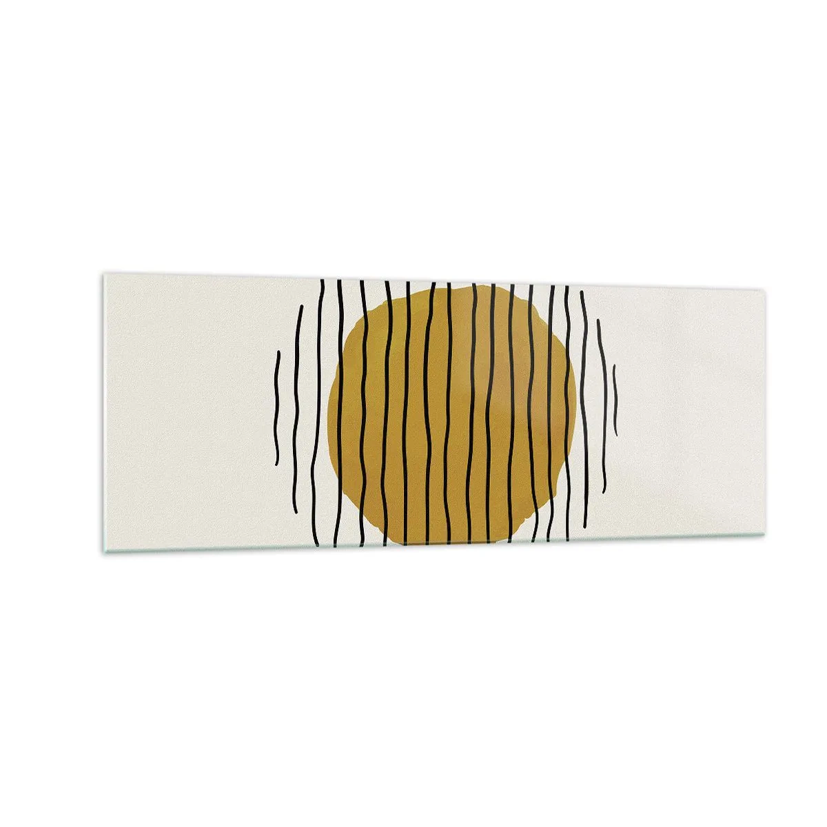 Glasbild - Bild auf glas - Ein minimalistisches Motiv mit einem gelben Kreis und schwarzen Linien. - 140x50cm - Abstraktion, die vor Hitze zittert - Moderne Wanddekoration für Wohnzimmer und Schlafzimmer ARTTOR