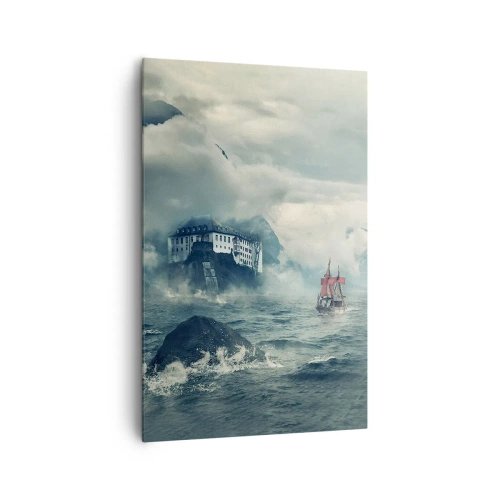 Bild auf Leinwand - Leinwandbild - Eine geheimnisvolle Landschaft mit einem Schloss, Bergen und einem Schiff - 80x120cm - In magischen Gewässern - Moderne Wanddekoration für Wohnzimmer und Schlafzimmer ARTTOR