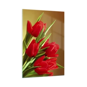 Glasbild - Bild auf glas - Ein Strauß roter Tulpen auf goldenem Hintergrund mit grünen Blättern. - 80x120cm - Ein Haufen Frühlingsfreude - Moderne Wanddekoration für Wohnzimmer und Schlafzimmer ARTTOR