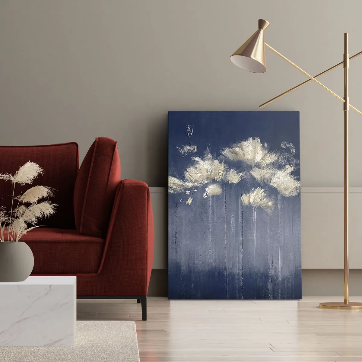 Bild auf Leinwand - Leinwandbild - Zarte Blüten auf blauem Hintergrund - 50x70cm - Wie Blütenblätter im Wind - Moderne Wanddekoration für Wohnzimmer und Schlafzimmer ARTTOR