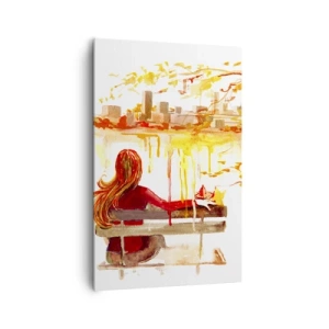 Bild auf Leinwand - Leinwandbild - Aquarellszene einer Frau auf einer Bank mit Blick auf die Stadt - 80x120cm - Ein Moment der Besinnung - Moderne Wanddekoration für Wohnzimmer und Schlafzimmer ARTTOR