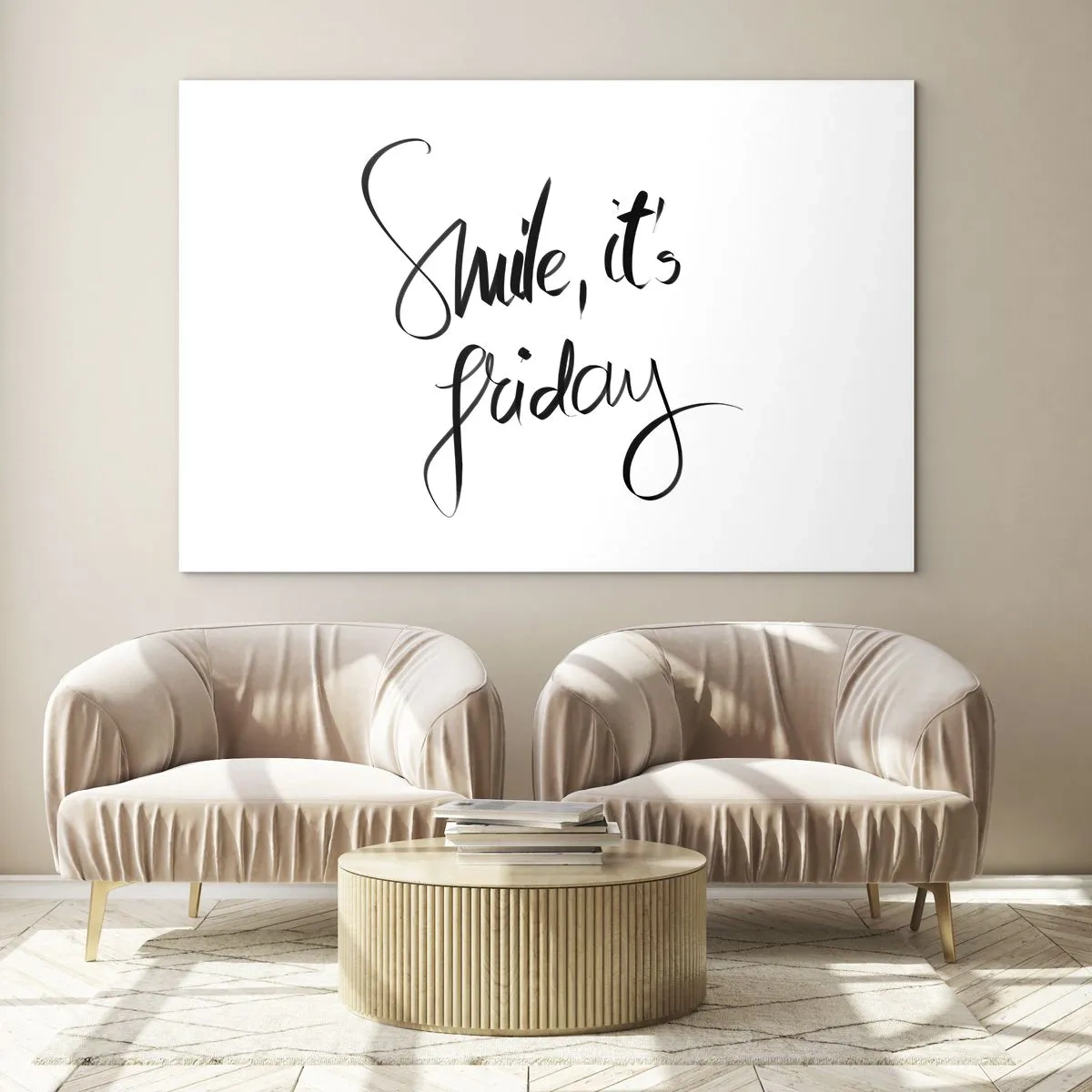 Glasbild - Bild auf glas - Lächeln, es ist Freitag Zitat in Kalligraphie - 120x80cm - Echte Freude - Moderne Wanddekoration für Wohnzimmer und Schlafzimmer ARTTOR