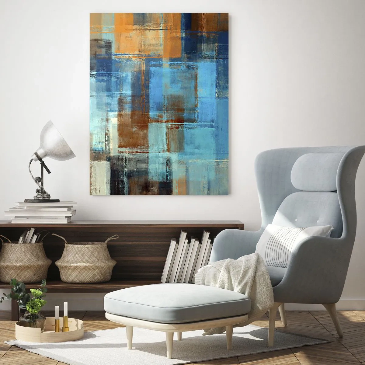 Glasbild - Bild auf glas - Abstrakte geometrische Komposition in Blau- und Brauntönen - 50x70cm - Durch den blauen Schleier - Moderne Wanddekoration für Wohnzimmer und Schlafzimmer ARTTOR