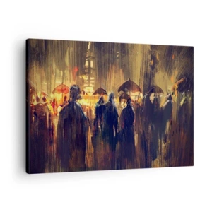 Bild auf Leinwand - Leinwandbild - Figuren mit Regenschirmen in einer verregneten Stadt bei Nacht - 70x50cm - Anhänger des Regens - Moderne Wanddekoration für Wohnzimmer und Schlafzimmer ARTTOR