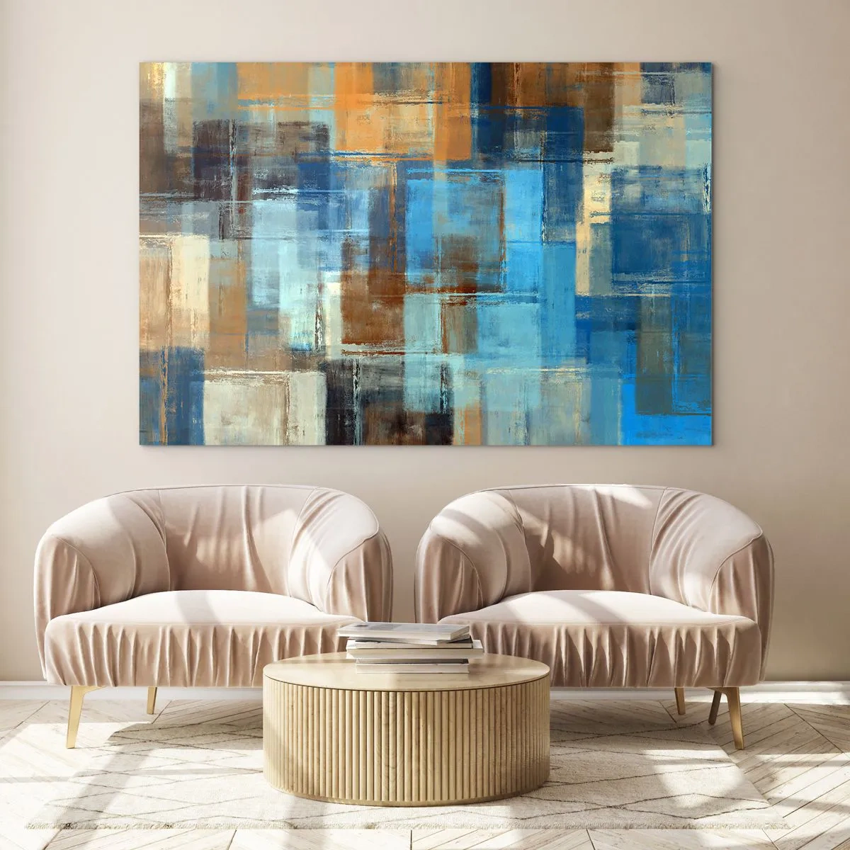 Glasbild - Bild auf glas - Abstrakte geometrische Komposition in Blau- und Brauntönen - 100x70cm - Durch den blauen Schleier - Moderne Wanddekoration für Wohnzimmer und Schlafzimmer ARTTOR