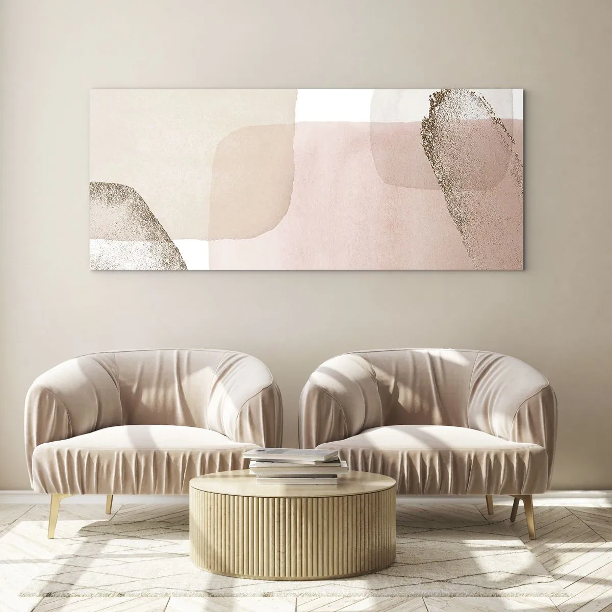 Glasbild - Bild auf glas - Pastellfarbene Flecken mit goldenen Elementen - 120x50cm - Ein Blick durch die Farbe - Moderne Wanddekoration für Wohnzimmer und Schlafzimmer ARTTOR