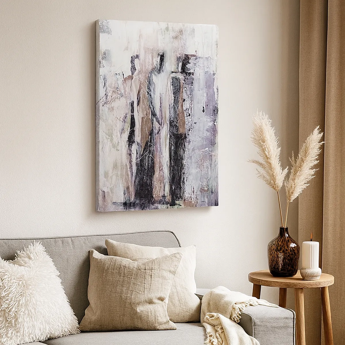 Bild auf Leinwand - Leinwandbild - Eine abstrakte Komposition mit drei Figuren in Pastellfarben. - 50x70cm - Die geheimnisvolle Drei - Moderne Wanddekoration für Wohnzimmer und Schlafzimmer ARTTOR