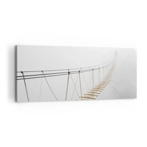 Bild auf Leinwand - Leinwandbild - Eine Hängebrücke im Nebel aus minimalistischer Perspektive - 120x50cm - Wohin wird es dich führen? - Moderne Wanddekoration für Wohnzimmer und Schlafzimmer ARTTOR