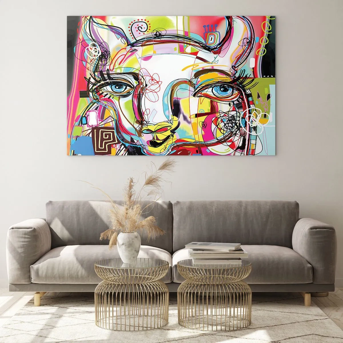 Glasbild - Bild auf glas - Abstraktes Bild eines Katzengesichts in farbenfrohem künstlerischem Ausdruck - 70x50cm - Der Reichtum des Abiturs der Katze - Moderne Wanddekoration für Wohnzimmer und Schlafzimmer ARTTOR