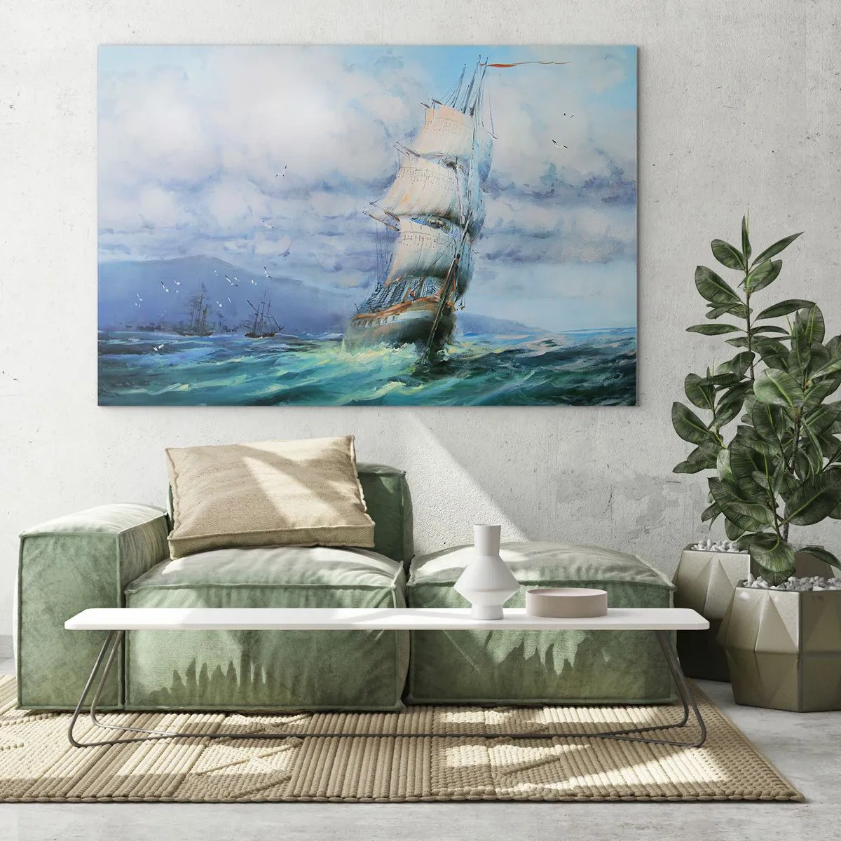 Glasbild - Bild auf glas - Ein Schiff mit Segeln segelt auf stürmischer See unter einem bewölkten Himmel - 100x70cm - Guter Wind - Moderne Wanddekoration für Wohnzimmer und Schlafzimmer ARTTOR