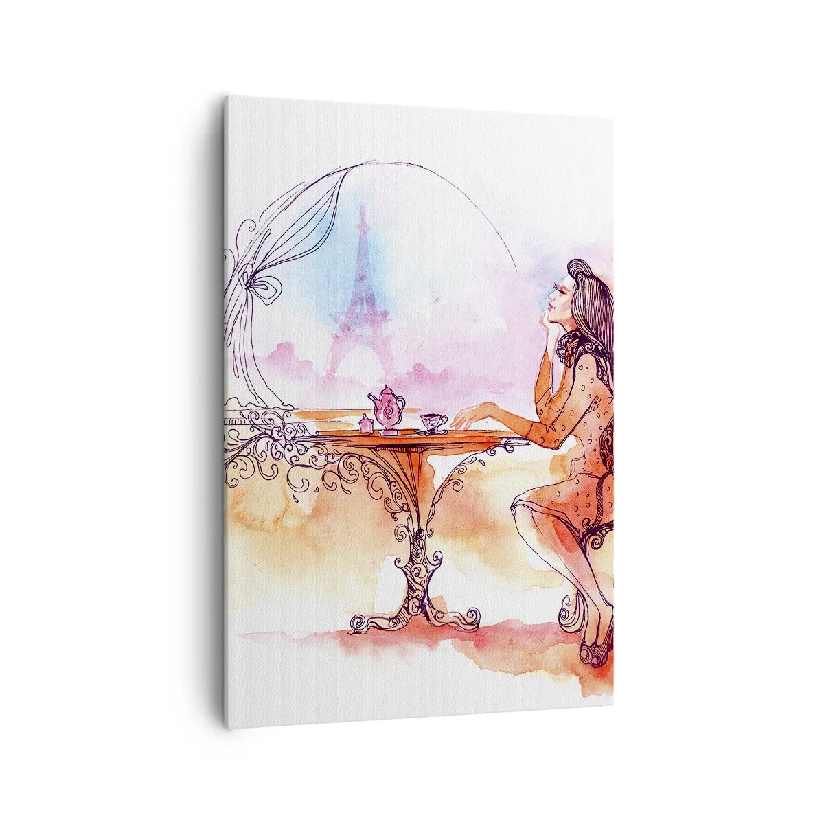 Bild auf Leinwand - Leinwandbild - Romantisches Aquarell einer Frau in einem Café mit Blick auf einen Turm - 70x100cm - Pariser Chic - Moderne Wanddekoration für Wohnzimmer und Schlafzimmer ARTTOR