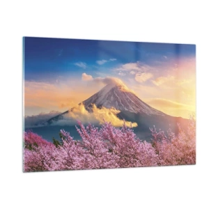 Glasbild - Bild auf glas - Der Berg Fuji im Hintergrund mit blühenden Sakura-Bäumen im Vordergrund - 120x80cm - Japanische Heiligkeit - Moderne Wanddekoration für Wohnzimmer und Schlafzimmer ARTTOR