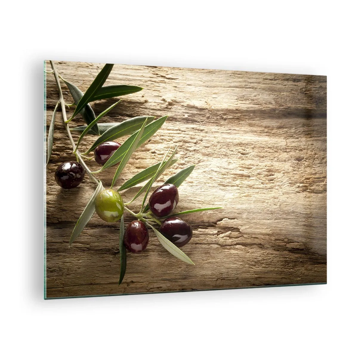 Glasbild - Bild auf glas - Olivenzweig auf einem hölzernen Hintergrund - 70x50cm - Direkt aus der Natur - Moderne Wanddekoration für Wohnzimmer und Schlafzimmer ARTTOR