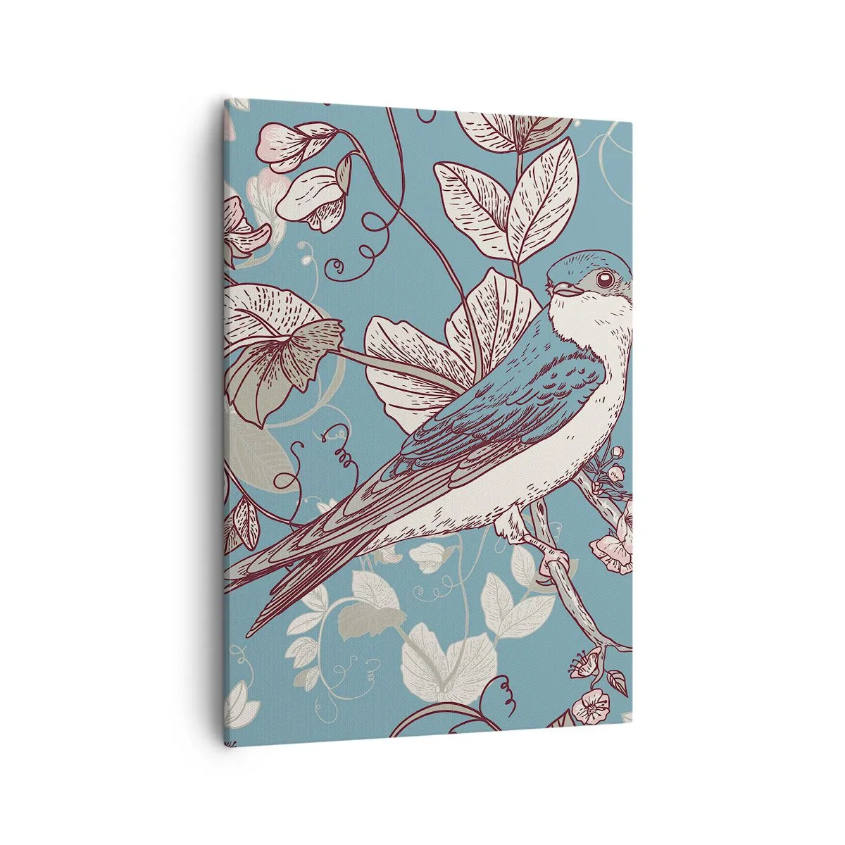 Bild auf Leinwand - Leinwandbild - Ein Vogel auf einem Ast in einem zarten Blumenstil - 50x70cm - Im Weißholz von Rot und Silber - Moderne Wanddekoration für Wohnzimmer und Schlafzimmer ARTTOR