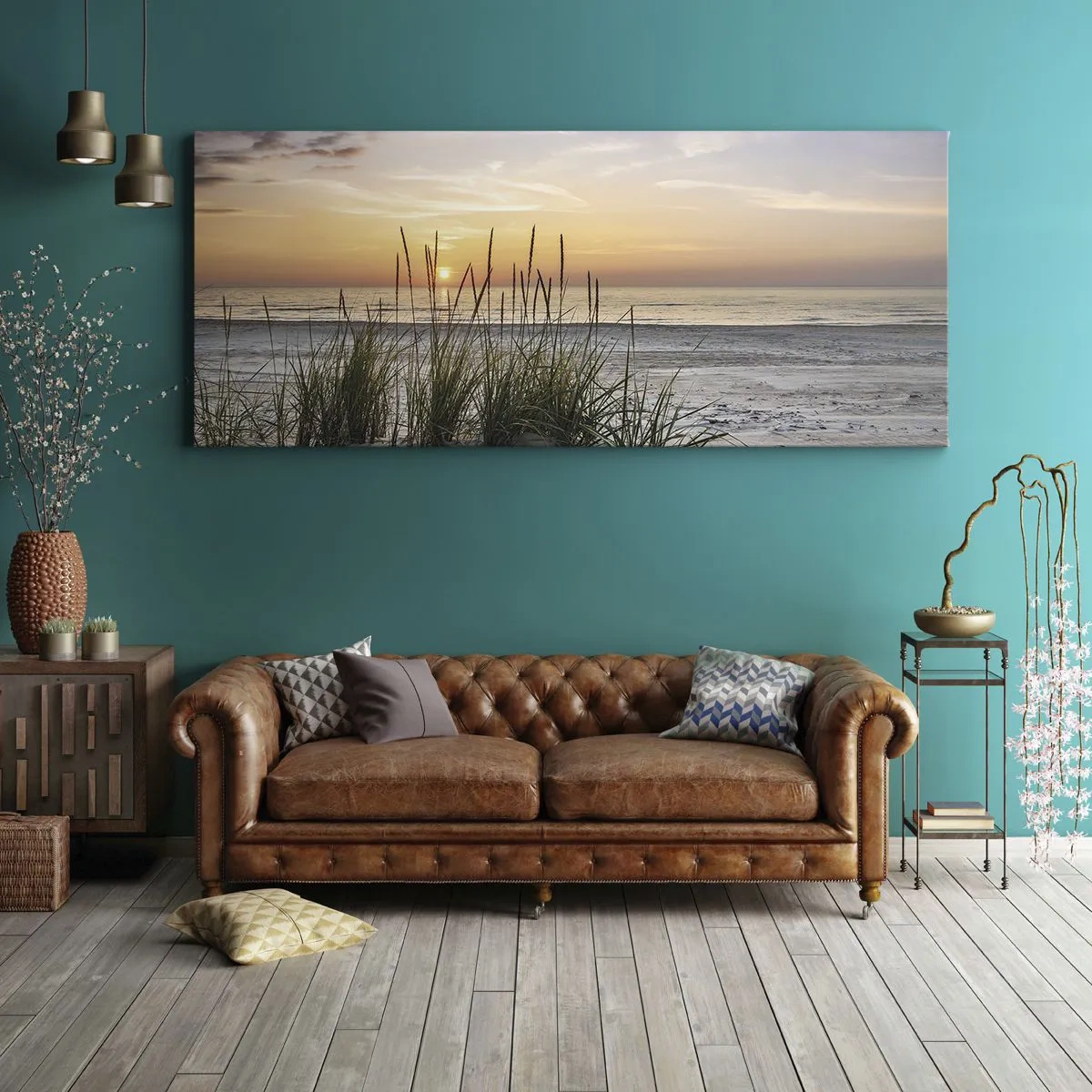 Bild auf Leinwand - Leinwandbild - Ein Sandstrand bei Sonnenuntergang mit Gras im Hintergrund - 160x50cm - Schau, denk, fühl - Moderne Wanddekoration für Wohnzimmer und Schlafzimmer ARTTOR