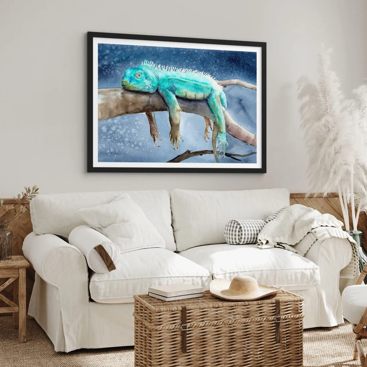 Poster in einem schwarzem Rahmen - Blauer Leguan ruht auf einem Ast - 70x50cm - Es ist gut! - Moderne Wanddekoration für Wohnzimmer und Schlafzimmer ARTTOR