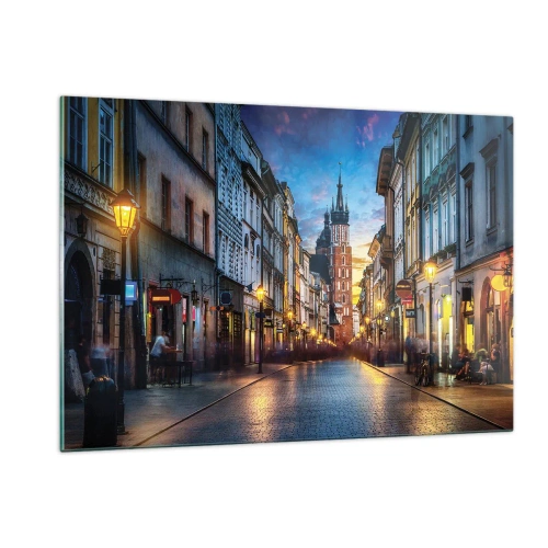 Glasbild - Bild auf glas - Abendlicher Blick auf die Altstadt mit der Kirche im Hintergrund - 120x80cm - Krakauer Charme - Moderne Wanddekoration für Wohnzimmer und Schlafzimmer ARTTOR