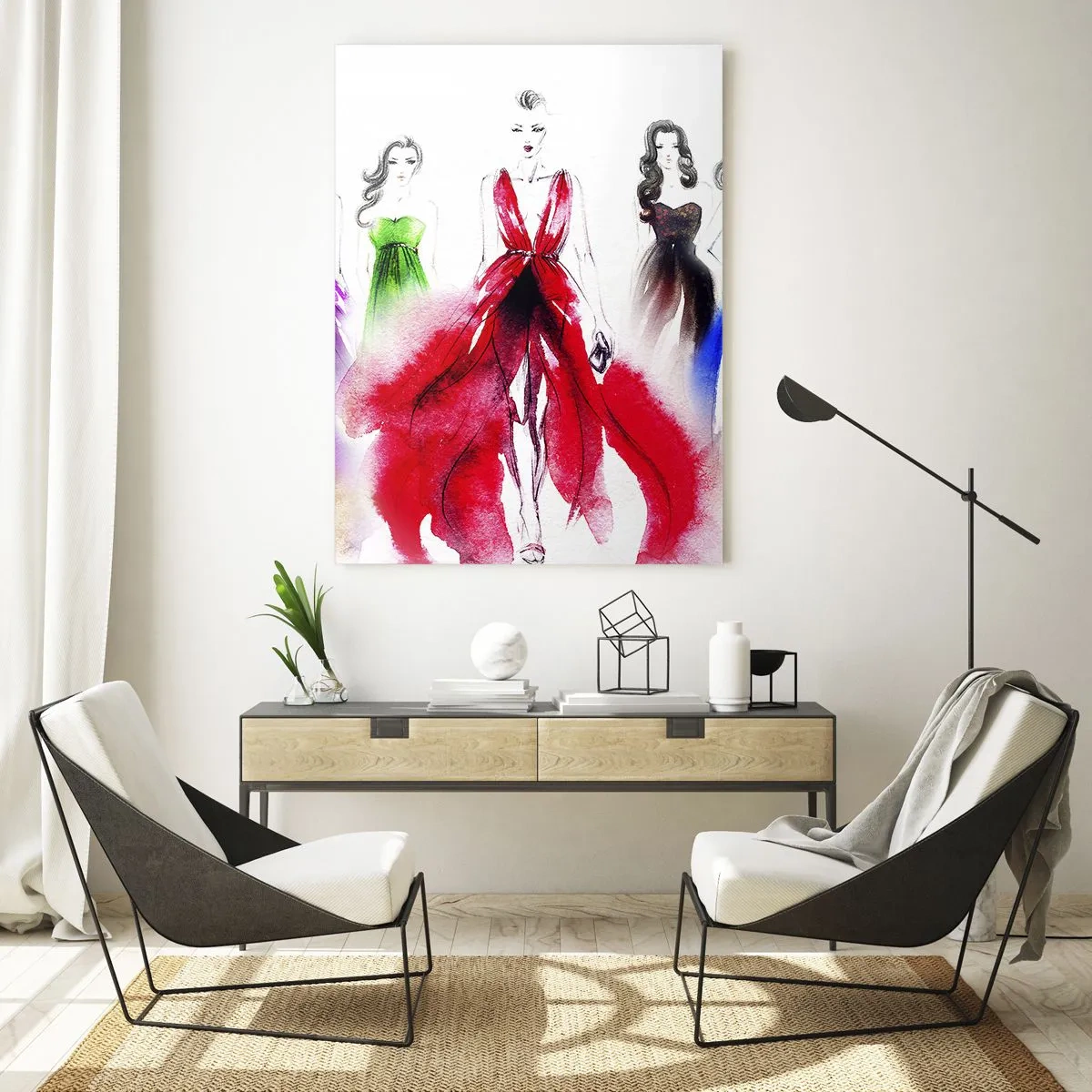 Glasbild - Bild auf glas - Skizze von Frauen in bunten Abendkleidern - 50x70cm - Stimmungen für Kostüme - Moderne Wanddekoration für Wohnzimmer und Schlafzimmer ARTTOR