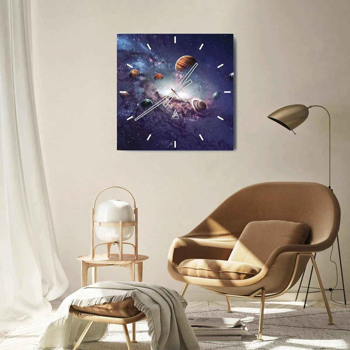 Wanduhr - Glasuhr - Planeten in einer Galaxie mit einem Nebel im Hintergrund - 30x30cm - Solar-Tanz-System - Moderne Wanddekoration für Wohnzimmer und Schlafzimmer ARTTOR