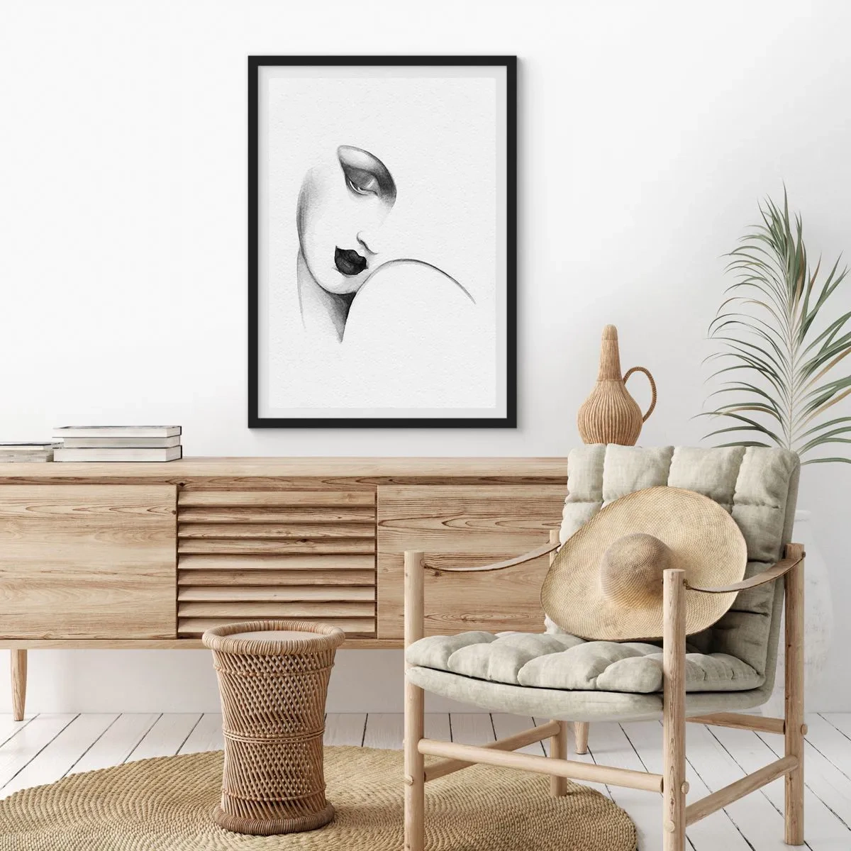 Poster in einem schwarzem Rahmen - Ein subtiles Frauenporträt im Schwarz-Weiß-Stil - 50x70cm - Im Stil von Łempicka - Moderne Wanddekoration für Wohnzimmer und Schlafzimmer ARTTOR