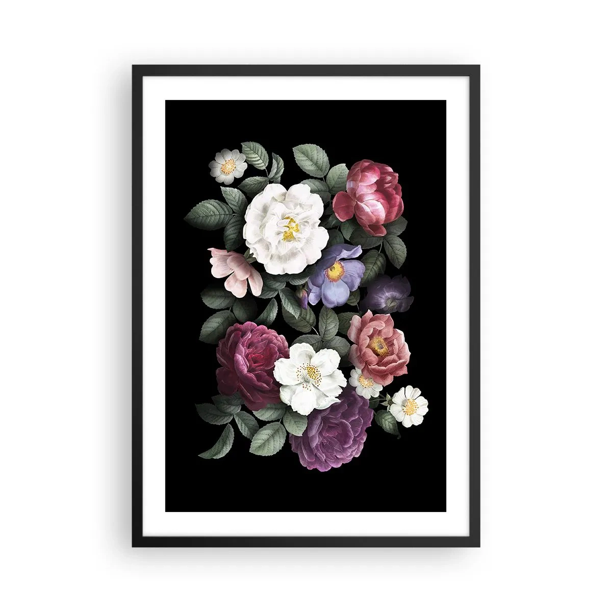 Poster in einem schwarzem Rahmen - Ein Blumenstrauß auf schwarzem Hintergrund im Vintage-Stil - 50x70cm - Aus dem Englischen Garten - Moderne Wanddekoration für Wohnzimmer und Schlafzimmer ARTTOR