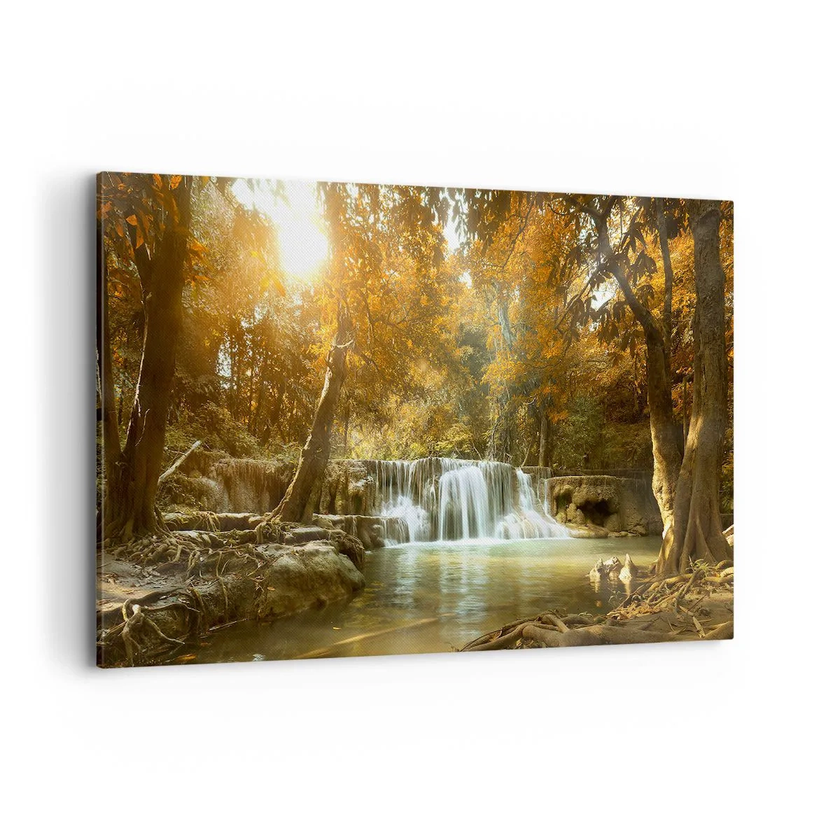 Bild auf Leinwand - Leinwandbild - Herbstlandschaft mit Wasserfall - 100x70cm - Parkkaskade - Moderne Wanddekoration für Wohnzimmer und Schlafzimmer ARTTOR