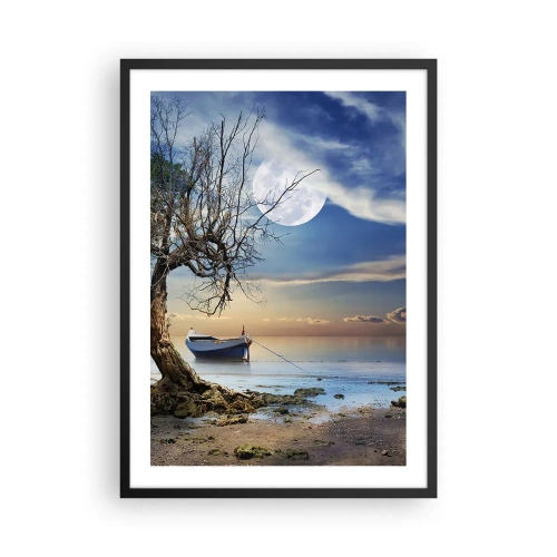 Poster in einem schwarzem Rahmen - Landschaft mit einem Boot, einem Baum und dem Mond vor dem Hintergrund eines ruhigen Wassers - 50x70cm - Ist das das Ende oder der Anfang? - Moderne Wanddekoration für Wohnzimmer und Schlafzimmer ARTTOR
