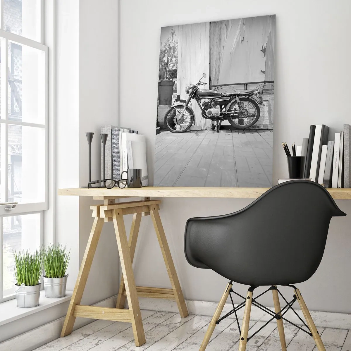 Glasbild - Bild auf glas - Schwarz-Weiß-Foto eines klassischen Motorrads - 70x100cm - Klassik über alles - Moderne Wanddekoration für Wohnzimmer und Schlafzimmer ARTTOR