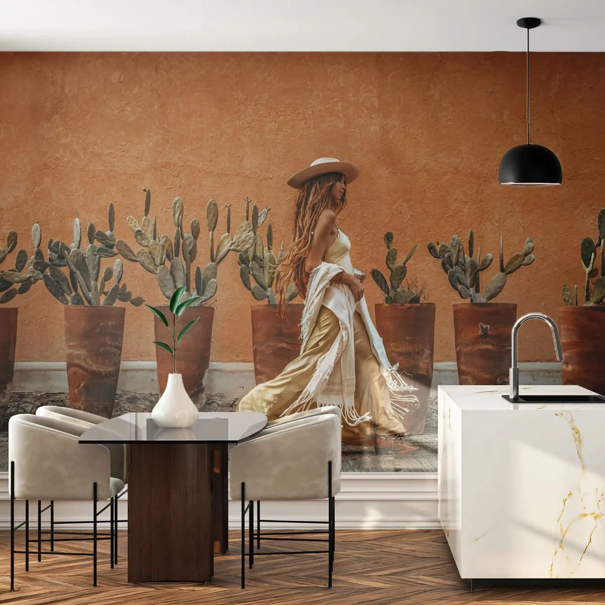 Fototapete Premium Sand - Hippie-Stil - Boho, Frau, Kakteen - 300x210 cm