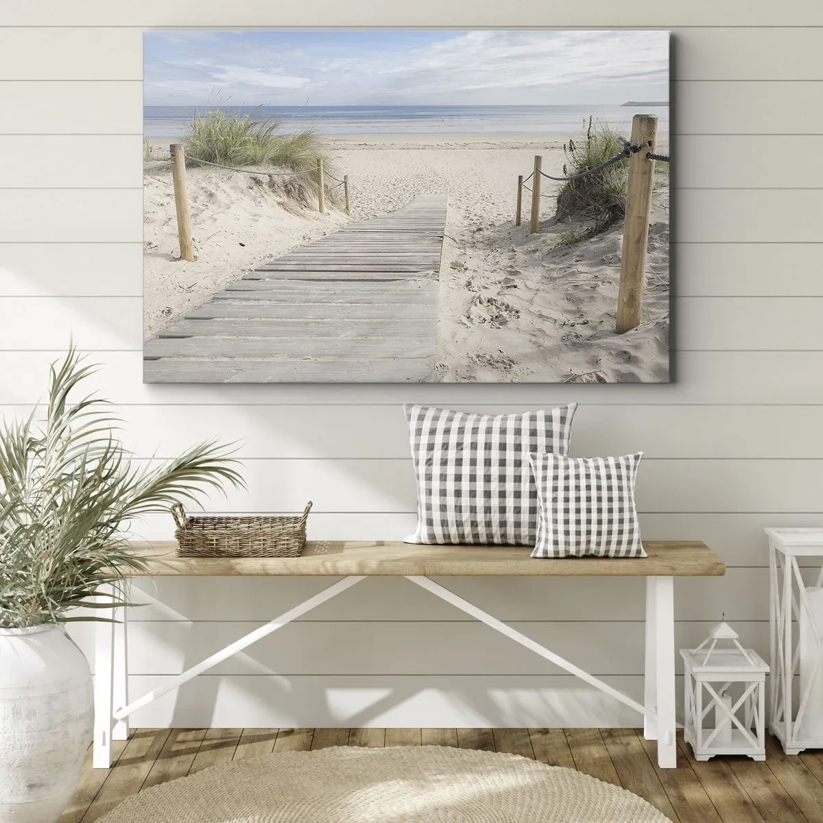 Bild auf Leinwand - Leinwandbild - Ein Plankenweg, der zu einem Sandstrand führt - 120x80cm - Bis zum Horizont - Moderne Wanddekoration für Wohnzimmer und Schlafzimmer ARTTOR