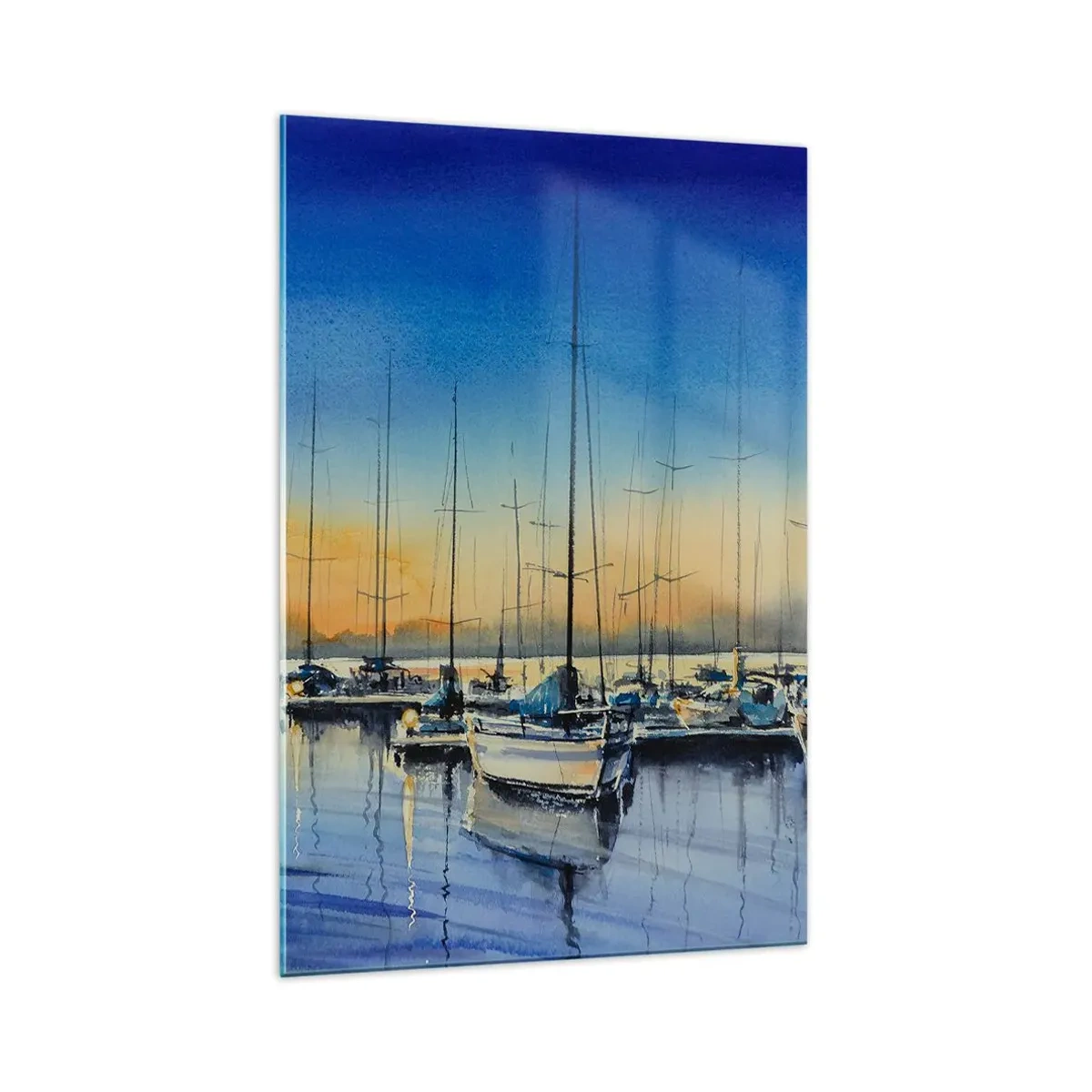 Glasbild - Bild auf glas - Yachthafen bei Sonnenuntergang mit Spiegelungen auf dem Wasser - 70x100cm - Ende eines guten Tages - Moderne Wanddekoration für Wohnzimmer und Schlafzimmer ARTTOR